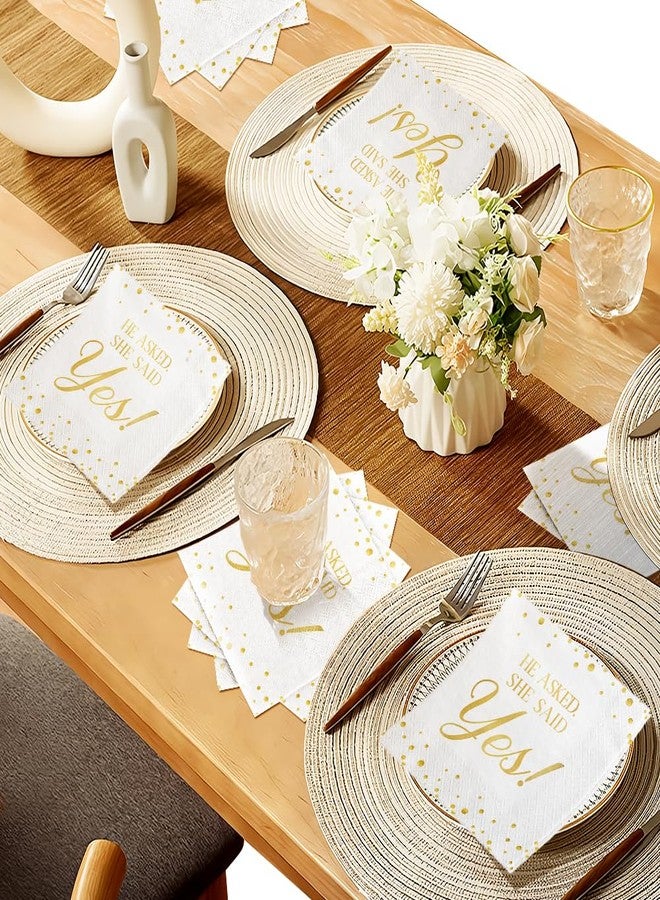 JOYGATHER Engagement - 100PCS White & Gold Foil Cocktail Napkins, 3-Ply Disposable Paper 5x5 Inches "He Asked, She Said Yes!" Napkin Decorations, Bridal Shower, Wedding, Anniversary, Party Men & Women - Image 4
